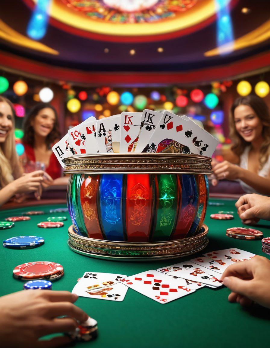 A dynamic composition featuring a diverse group of people engaging in a lively Five Card Draw poker game, showcasing various expressions of excitement and strategy. Include tutorial elements like cards and chips with annotated tips around the players, and vibrant community insights displayed as thought bubbles. Surround the scene with a glamorous casino backdrop, filled with glowing lights and colorful decorations. super-realistic. vibrant colors. 3D.
