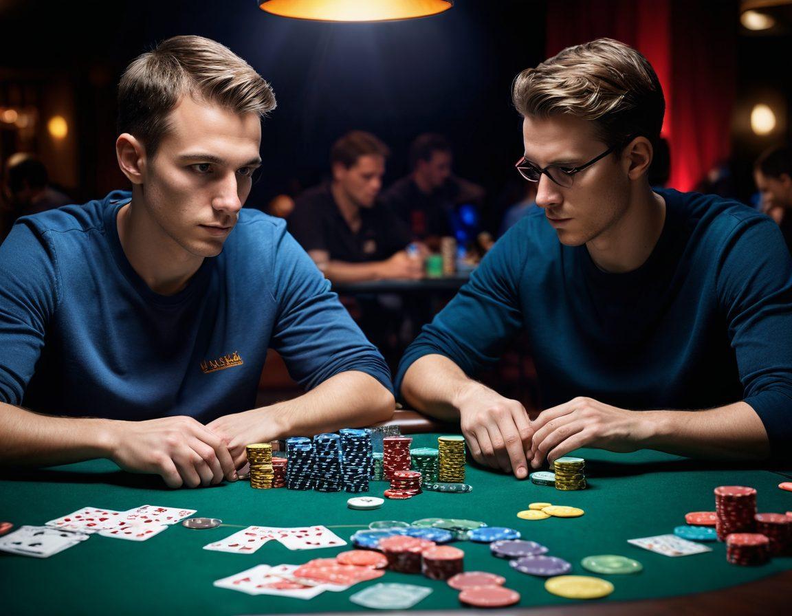 A split-image featuring a novice player sitting at a cluttered table with beginner tips scattered around, contrasting with a seasoned pro confidently playing at a high-stakes table surrounded by trophies and poker chips. The atmosphere is electric, with colorful cards fanned out and a glowing digital interface showcasing poker strategies. Include a dramatic spotlight effect highlighting the two players. vibrant colors. high-detail realism.