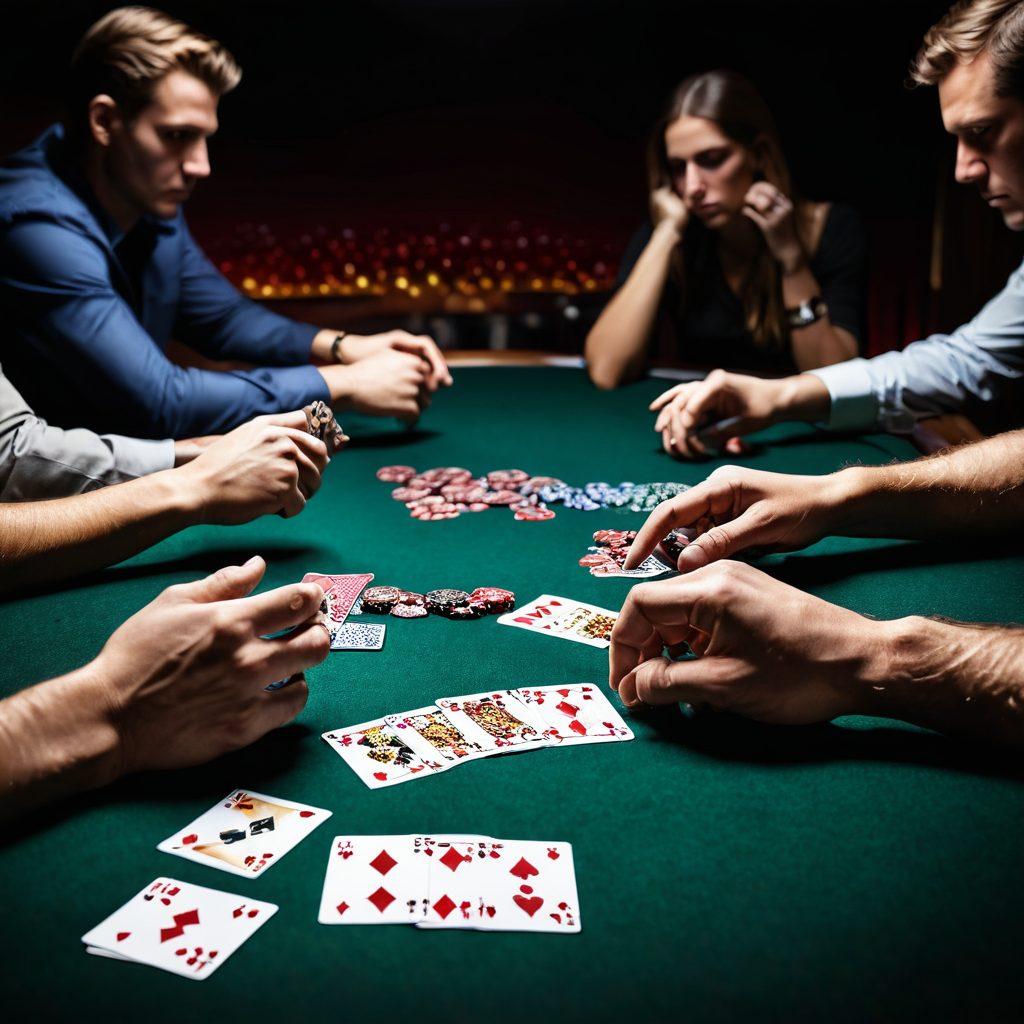 A dramatic poker table scene featuring a diverse group of players engaged in an intense Five Card Draw game. Include close-up shots of hands holding unique cards, with chips scattered across the table and expressions of concentration and excitement. The backdrop shows a dimly lit casino atmosphere with ambient lighting, enhancing the suspense of the game. Add elements like trophies and cards that symbolize strategies and stories from the world of poker. super-realistic. vibrant colors. cinematic lighting.